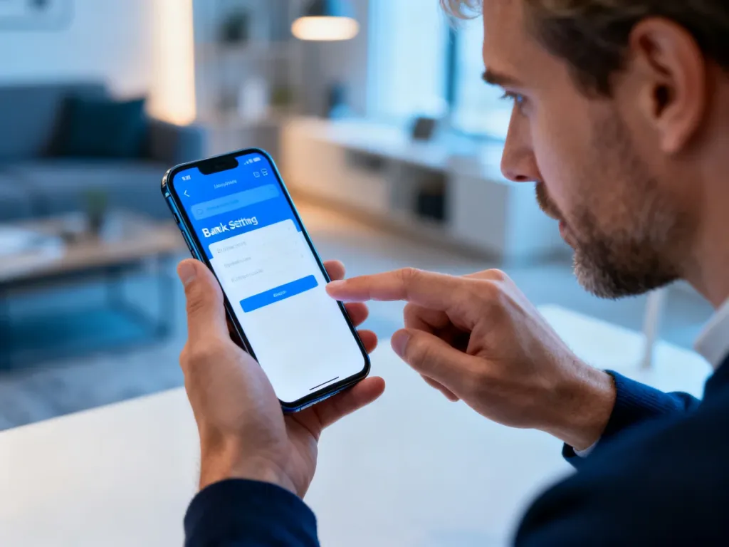 Mężczyzna obsługujący aplikację bankową na smartfonie w nowoczesnym wnętrzu, zmieniający ustawienia płatności BLIK.
