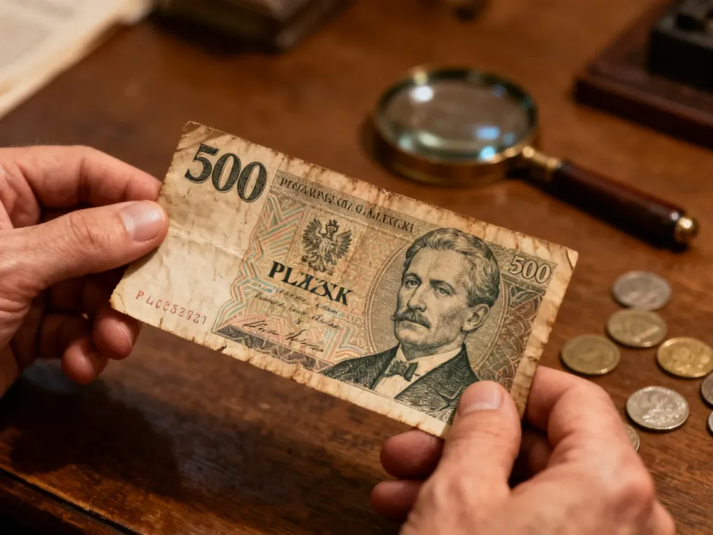Zbliżenie na stary, zużyty banknot 500 zł z czasów PRL trzymany w dłoniach, obok lupa i monety na drewnianym biurku.