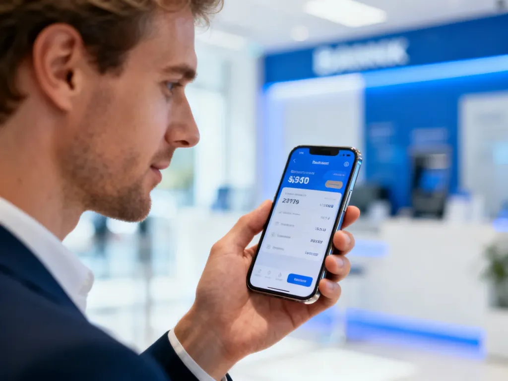Mężczyzna trzymający smartfon z otwartą aplikacją bankową na tle nowoczesnego wnętrza banku.