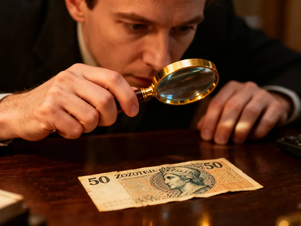 Kolekcjoner używa lupy do dokładnego badania autentyczności i stanu zachowania starego banknotu 50-złotowego.
