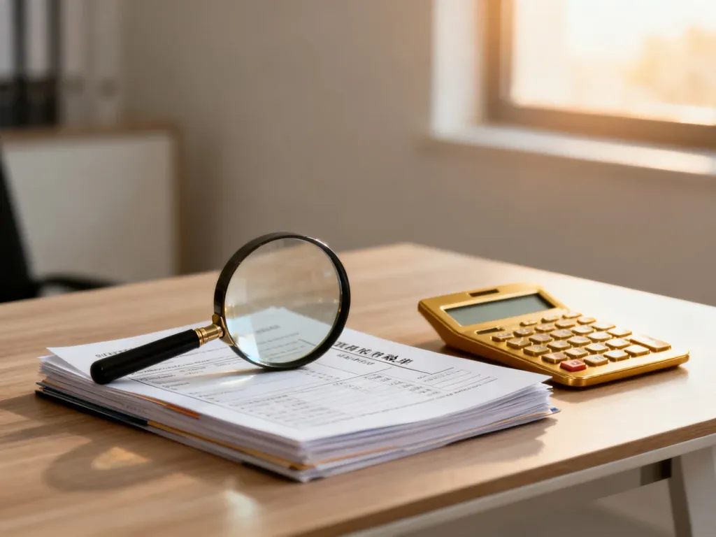 Lupa, kalkulator i dokumenty podatkowe na biurku, symbolizujące profesjonalną analizę finansową i kwestie podatkowe.