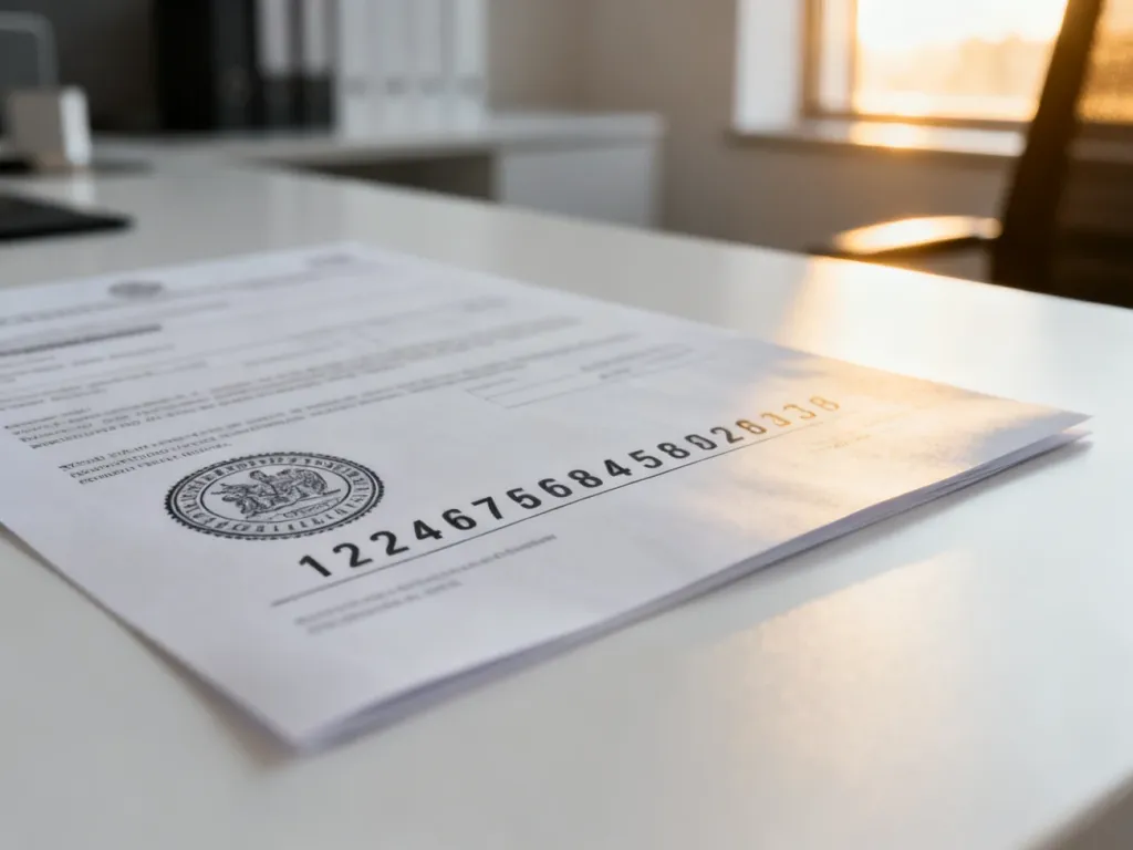 Oficjalny dokument z pieczęcią i kodami numerycznymi na biurku, symbolizujący rejestrację firmy w systemie REGON.