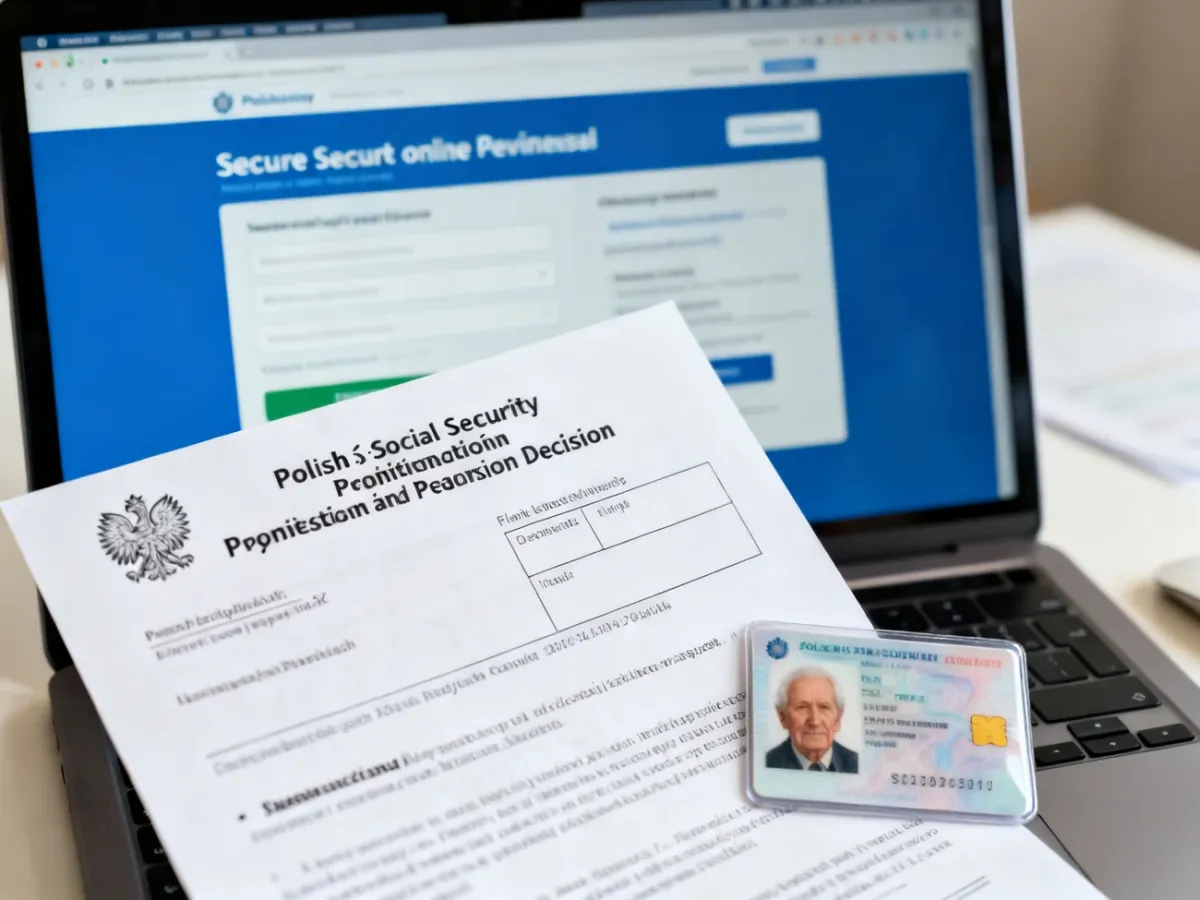 Decyzja ZUS, legitymacja emeryta-rencisty i laptop z portalem eZUS