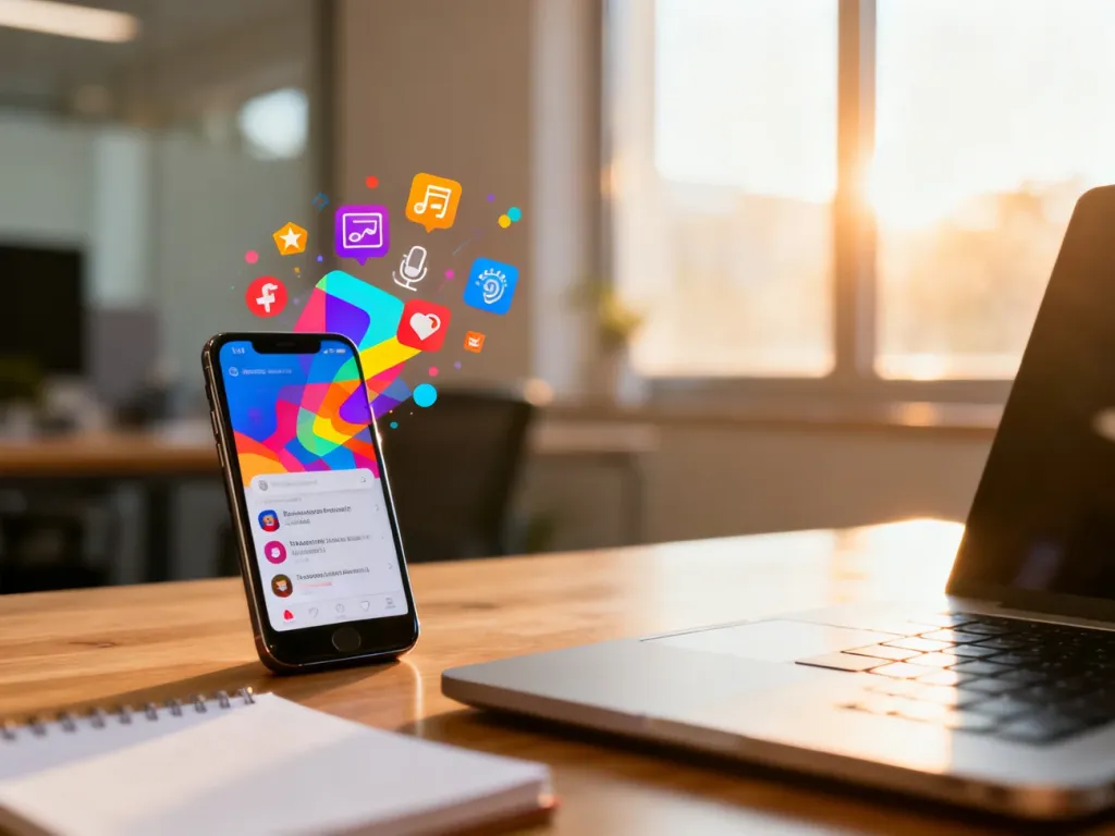 Nowoczesny smartfon z interfejsem mediów społecznościowych na biurku, symbolizujący profesjonalne prowadzenie marketingu.