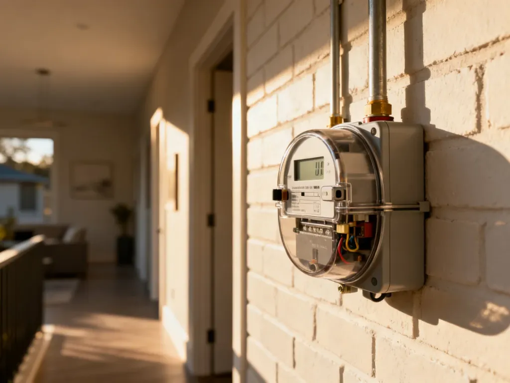 Cyfrowy licznik energii elektrycznej zamontowany na ścianie wewnątrz budynku mieszkalnego.