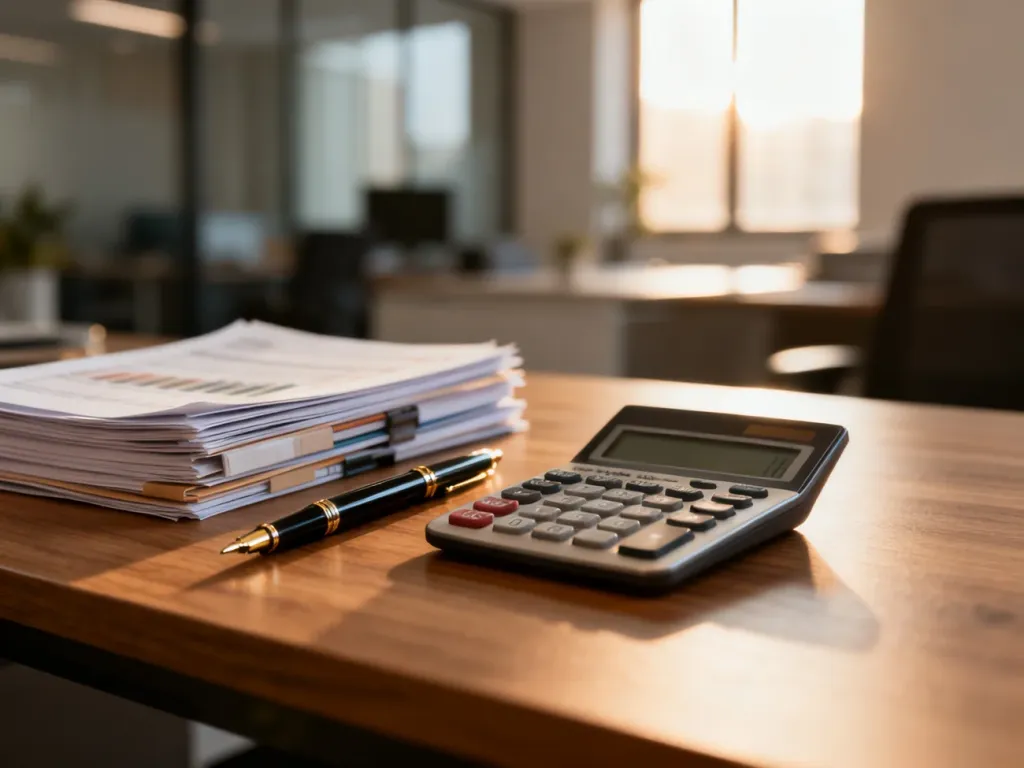 Biurko z kalkulatorem i dokumentami finansowymi, symbolizujące profesjonalne rozliczenia podatkowe.