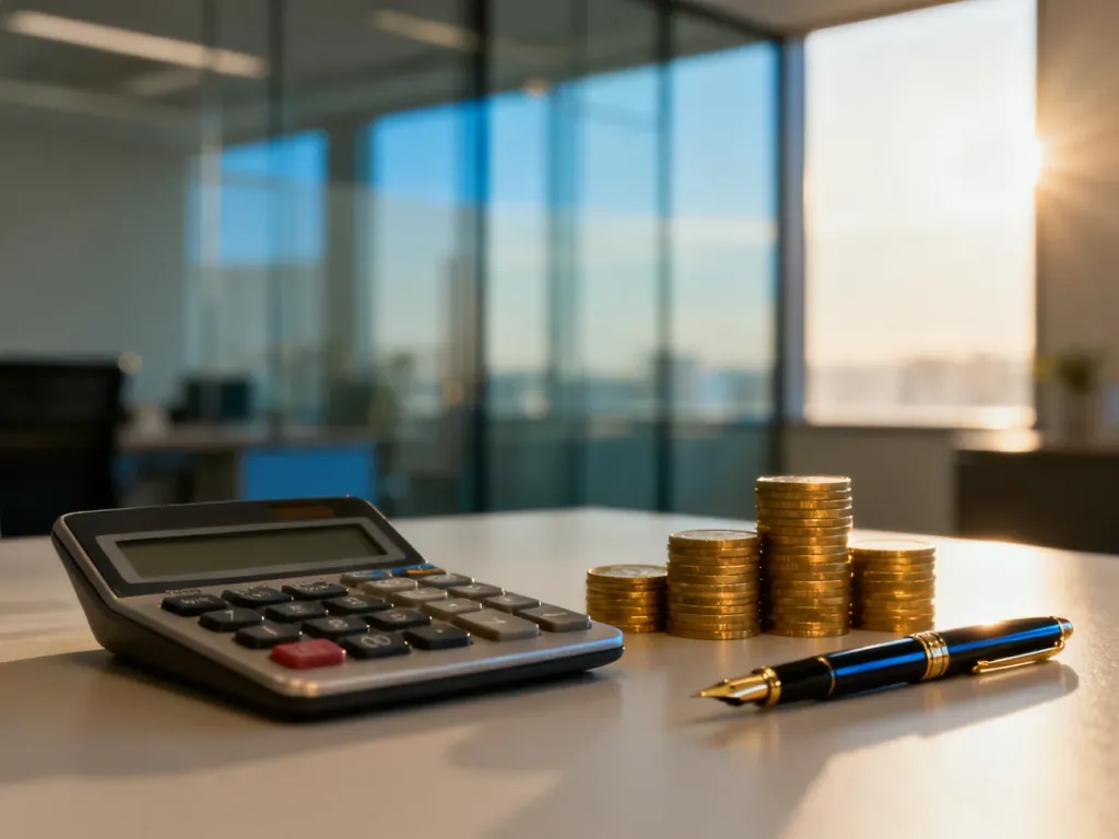 Nowoczesne biurko z kalkulatorem i stosem monet, symbolizujące profesjonalne zarządzanie finansami i podatkami.