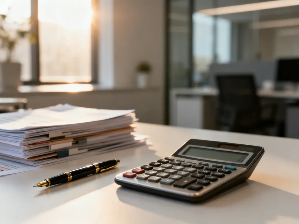 Profesjonalne biurko z kalkulatorem i dokumentami finansowymi, symbolizujące pracę doradcy biznesowego.