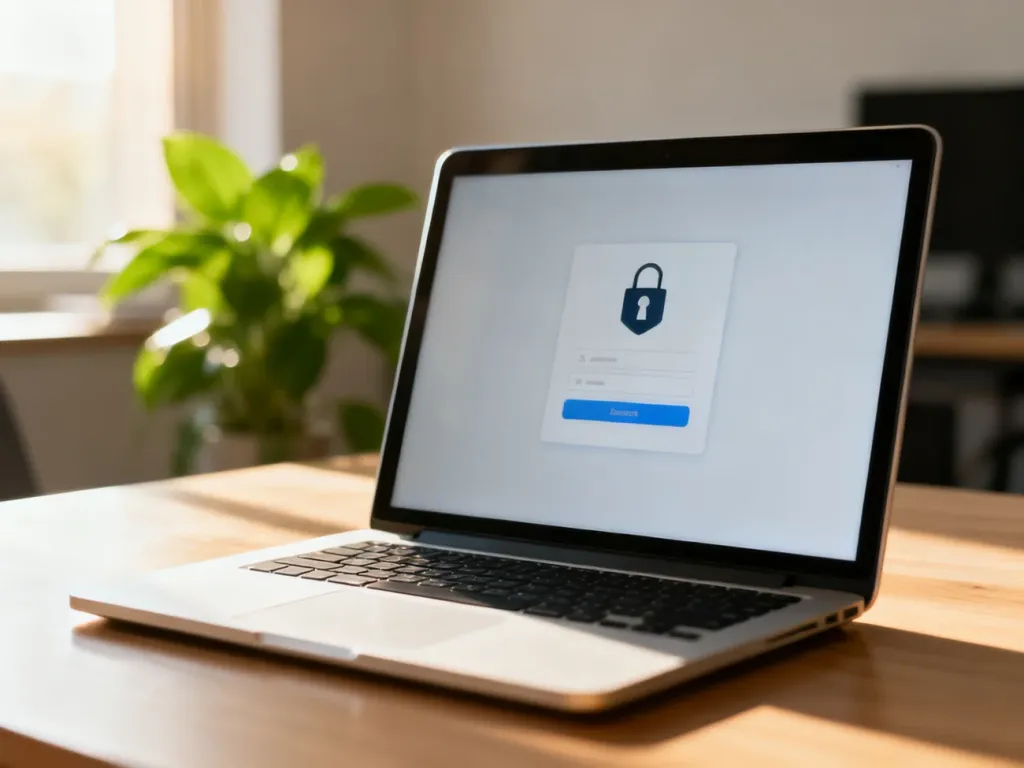 Nowoczesny laptop z ekranem logowania na biurku, symbolizujący bezpieczny dostęp do usług online i panelu świadczeniobiorcy ZUS.