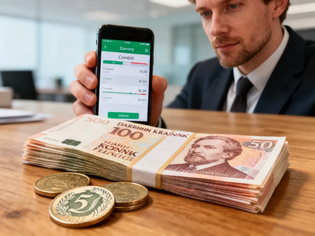 Mężczyzna trzyma smartfon z aplikacją do przeliczania walut obok banknotów duńskich koron i polskich monet na drewnianym stole.
