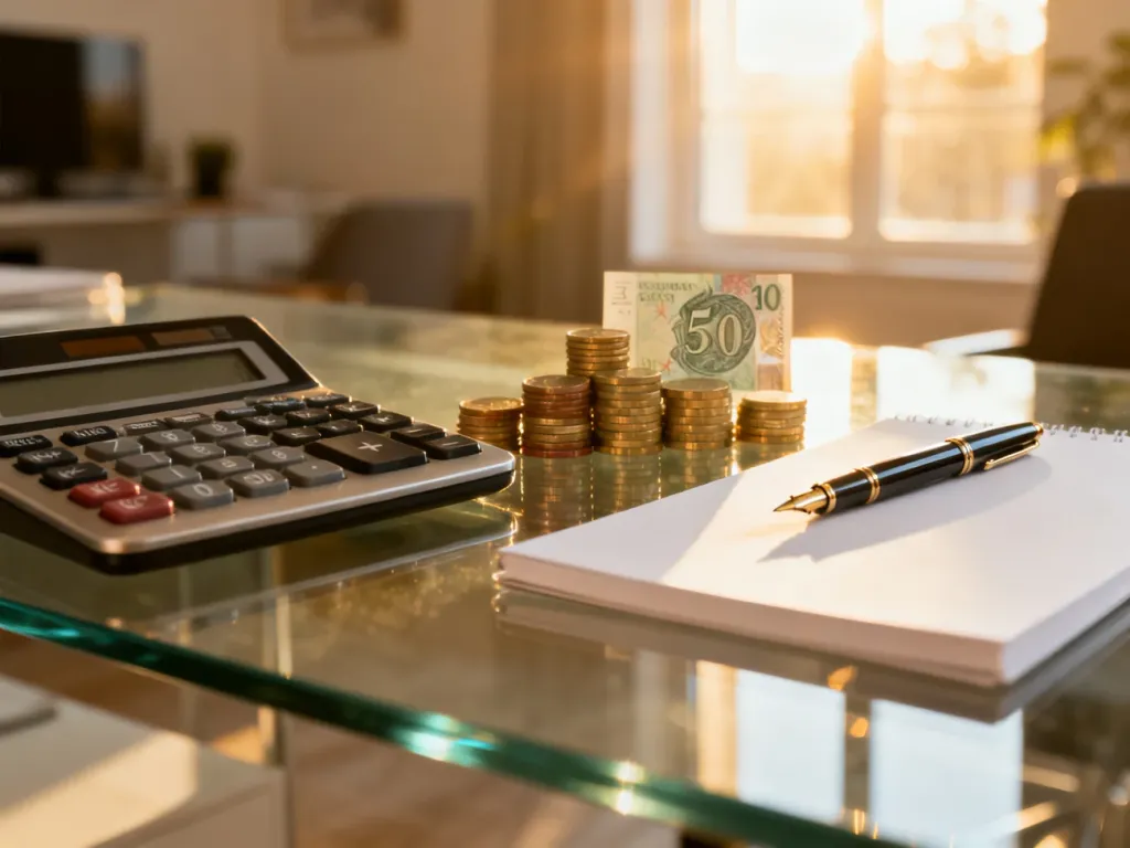 Kalkulator, monety oraz notatnik na biurku, symbolizujące planowanie finansów i obliczanie wynagrodzenia.