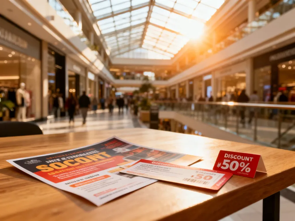 Ulotka reklamowa i kupon rabatowy na drewnianym stole w galerii handlowej, ilustrujące przykłady działań typu BTL.