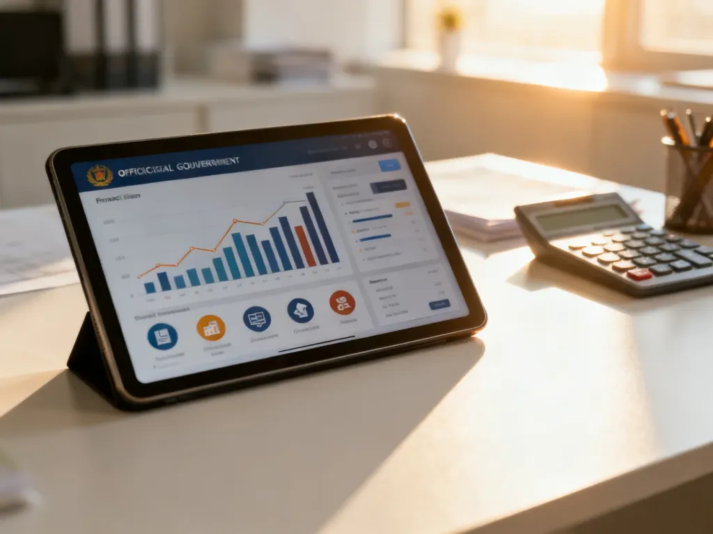 Tablet z rządowym interfejsem finansowym na biurku w biurze rachunkowym, symbolizujący proces sprawdzania nadpłaty w ZUS.