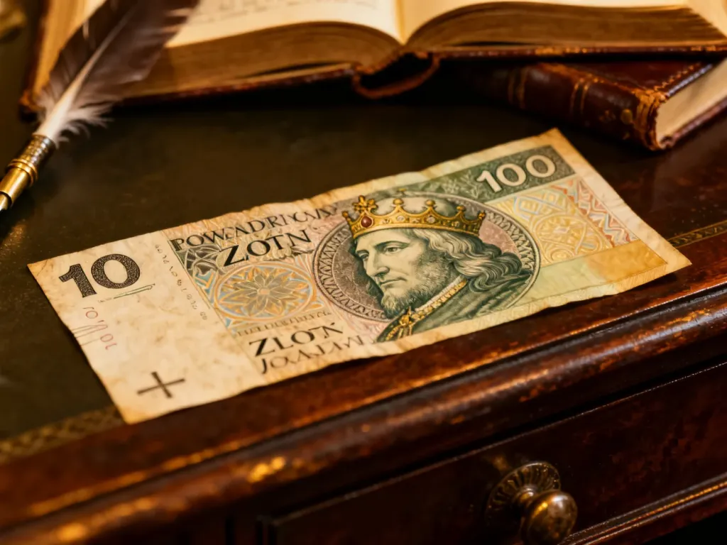 Banknot 100 zł z wizerunkiem króla Władysława II Jagiełły leżący na zabytkowym biurku w otoczeniu pióra i starej księgi.