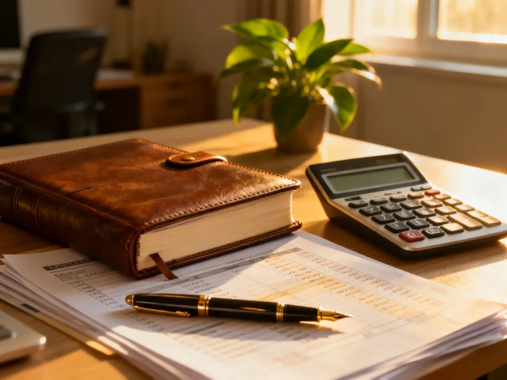 Biurko z księgą rachunkową, kalkulatorem i dokumentami finansowymi, symbolizujące profesjonalne prowadzenie KPiR.