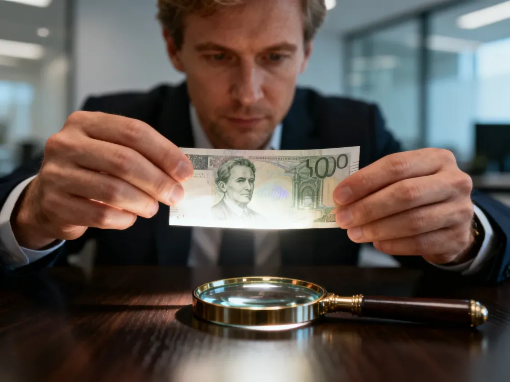 Mężczyzna sprawdza autentyczność banknotu 100 zł, podświetlając go w celu weryfikacji znaków wodnych.