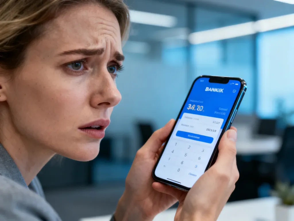 Zaniepokojona kobieta trzymająca smartfon z aplikacją bankową, sprawdzająca transakcję w kontekście bezpieczeństwa płatności.