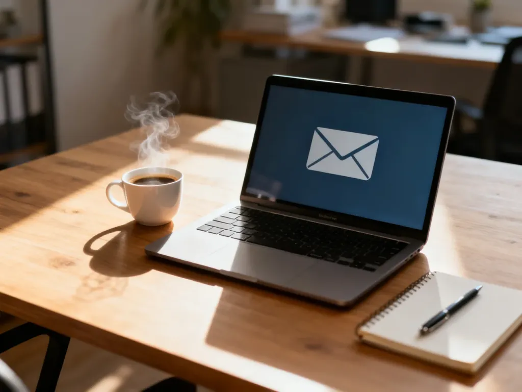 Otwarty laptop z ikoną wiadomości e-mail na ekranie, filiżanką kawy i notatnikiem na biurku, symbolizujący pracę zdalną.