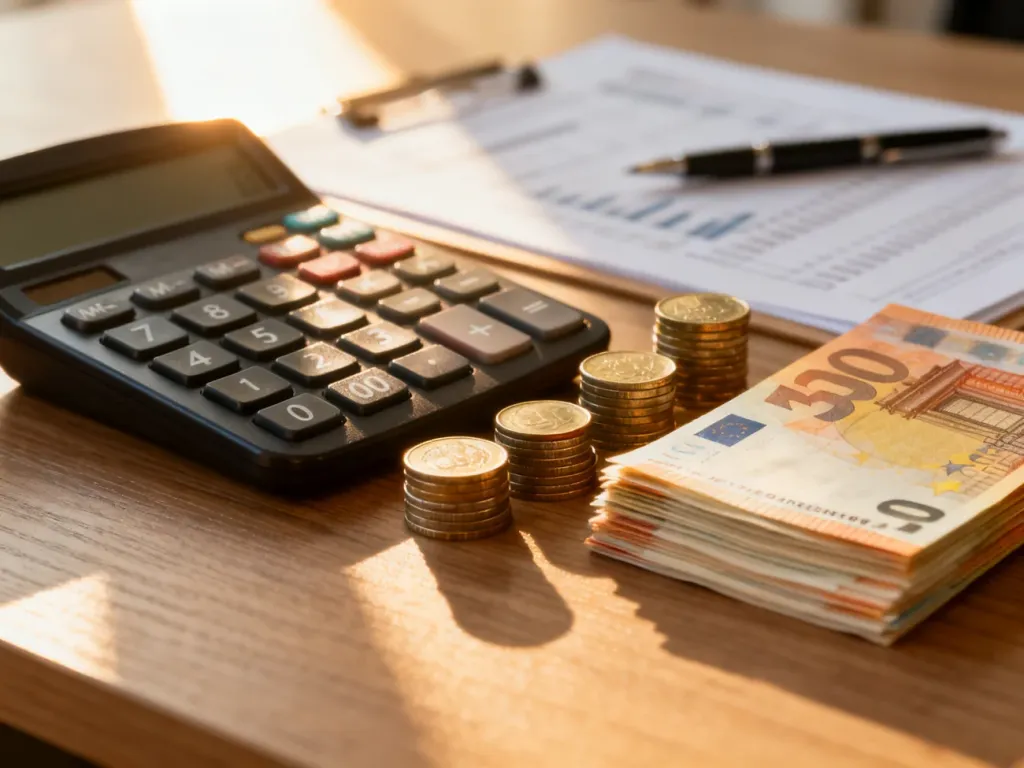 Kalkulator, monety i banknoty na biurku, symbolizujące obliczenia finansowe i wynagrodzenie na umowie zlecenie.