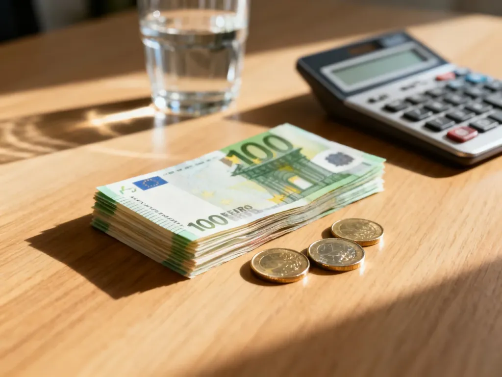 Stos banknotów euro i monety na biurku, symbolizujące planowanie finansowe i rozliczenia pieniężne.
