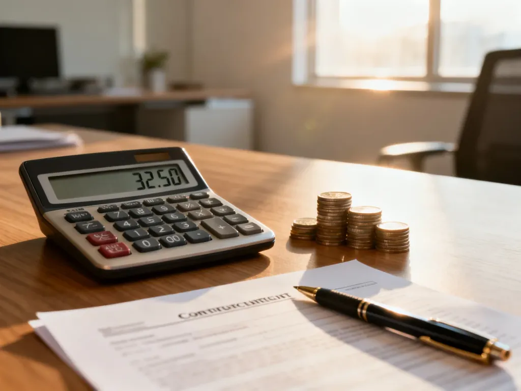 Kalkulator z wynikiem 32,50 na umowie zlecenie oraz dokumenty finansowe na biurku.