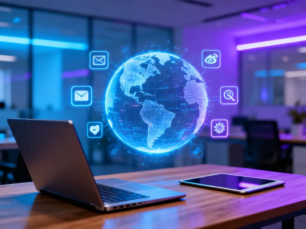 Nowoczesne biurko z laptopem i holograficzną wizualizacją narzędzi e-marketingu, symbolizującą globalny zasięg działań online.