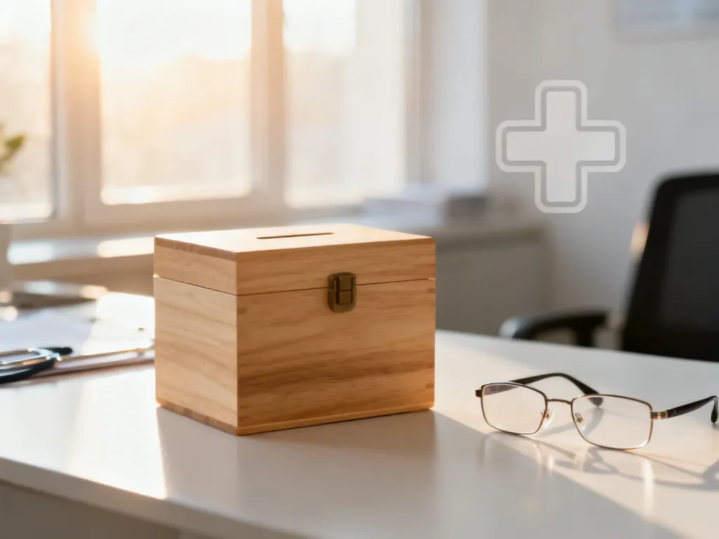 Drewniana skarbonka, okulary i symbol medyczny na biurku, symbolizujące wsparcie finansowe i opiekę społeczną.