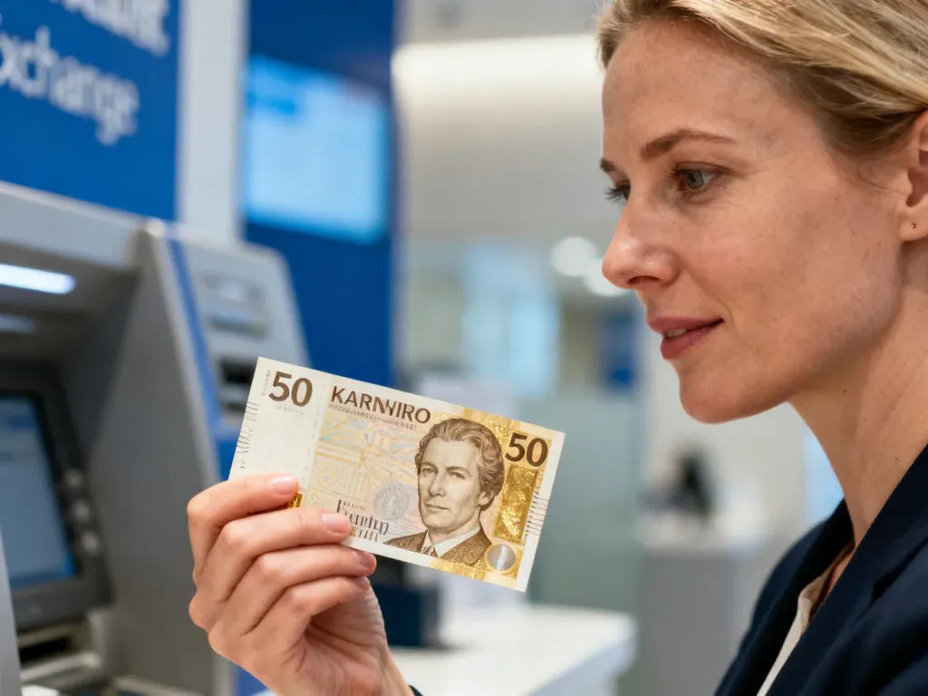 Kobieta trzymająca w dłoni duński banknot o nominale 50 koron na tle kantoru.