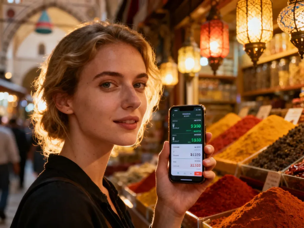 Kobieta trzymająca smartfon z aplikacją do przeliczania walut na tle kolorowego tureckiego bazaru.
