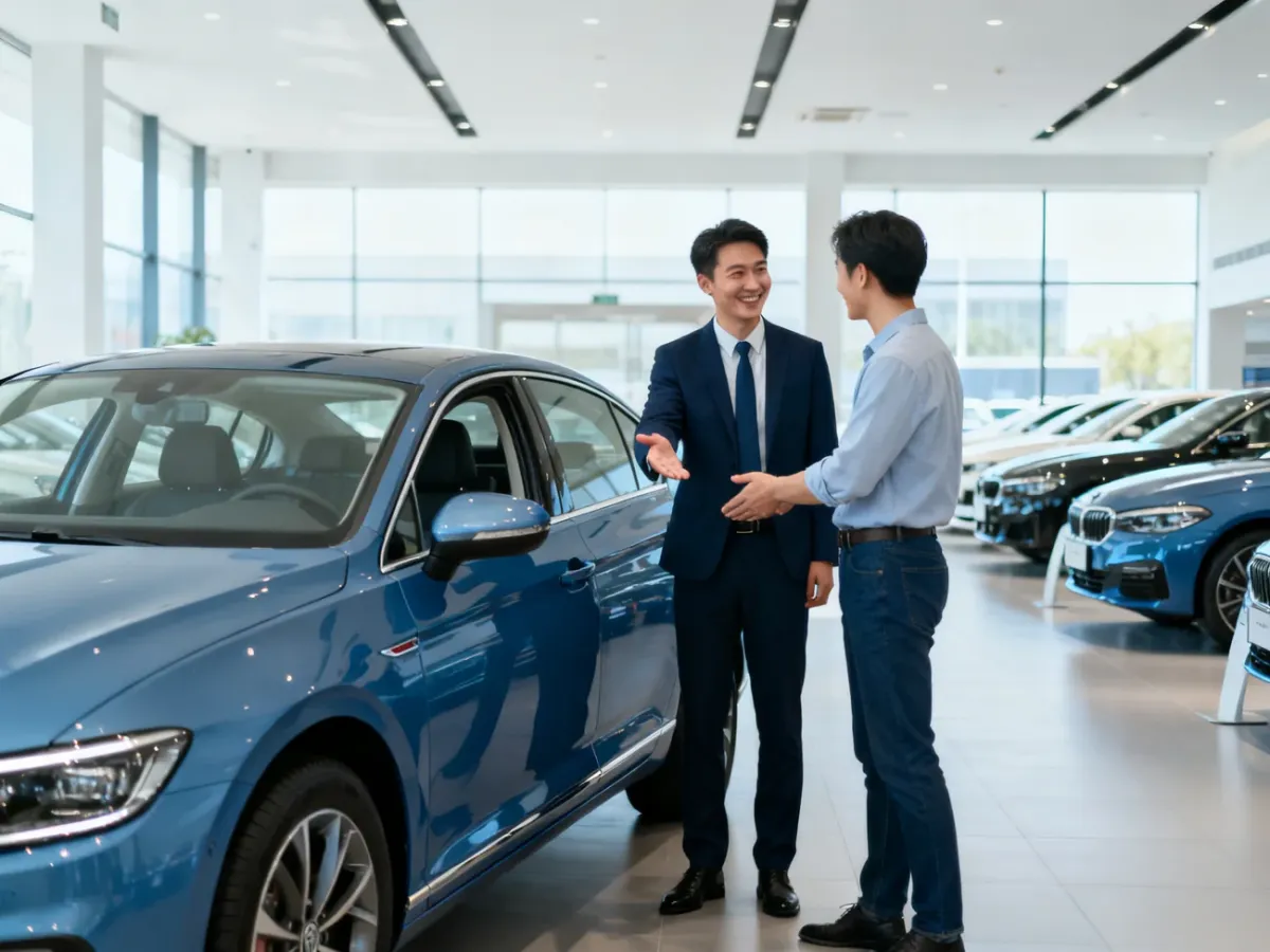 Klient odbierający samochód w salonie dealerskim w ramach leasingu