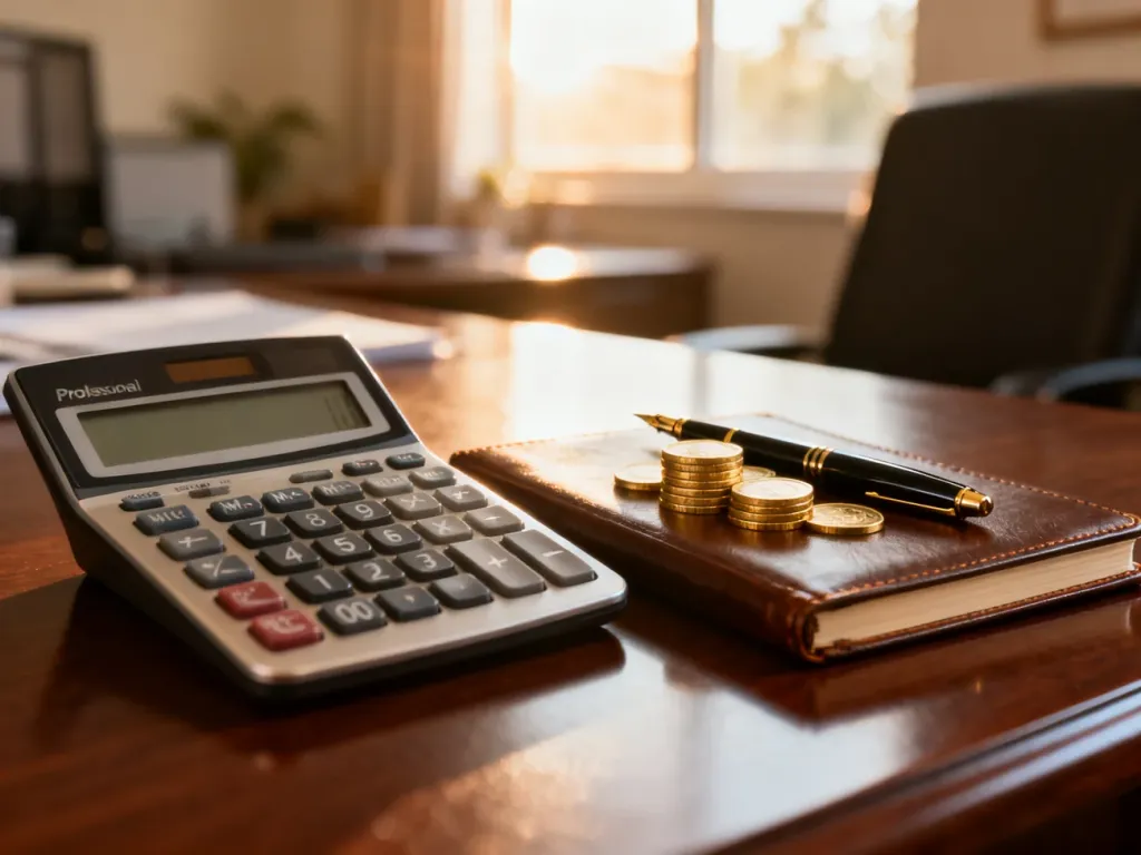 Kalkulator, monety i notatnik na biurku, symbolizujące profesjonalne zarządzanie finansami i obliczanie składek.