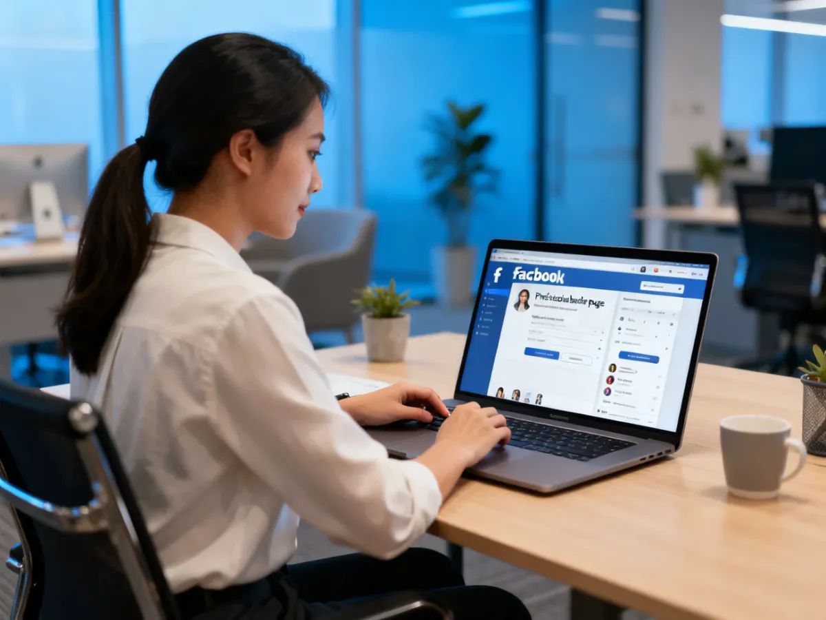 Przedsiębiorca tworzący stronę firmową na Facebooku na laptopie