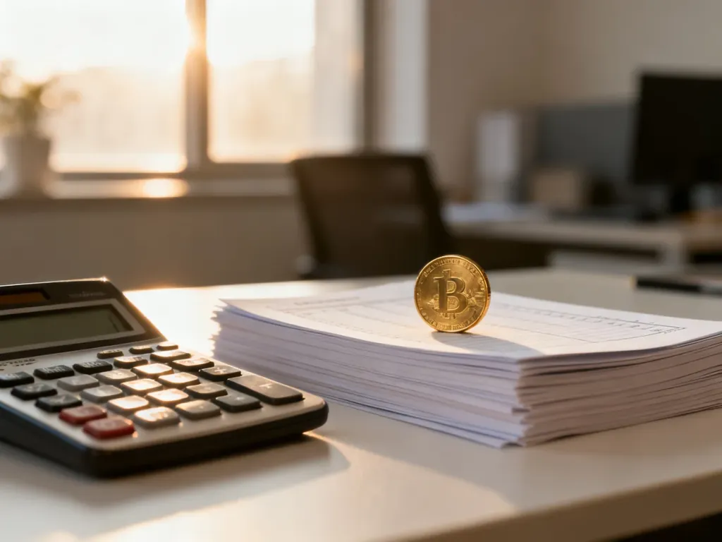 Kalkulator, dokumenty finansowe i moneta na biurku, symbolizujące rozliczenia finansowe i obliczanie odsetek ZUS.