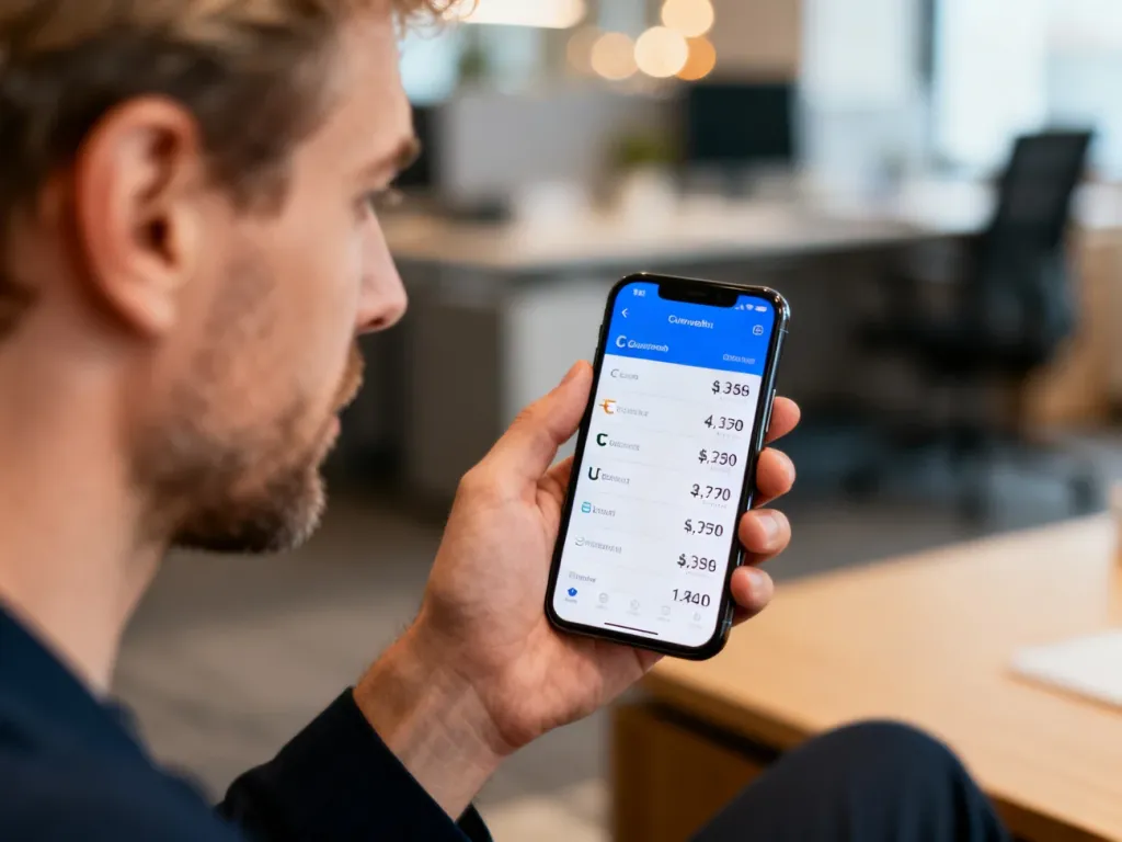 Mężczyzna trzymający smartfon z aplikacją do przeliczania walut na tle nowoczesnego biura.
