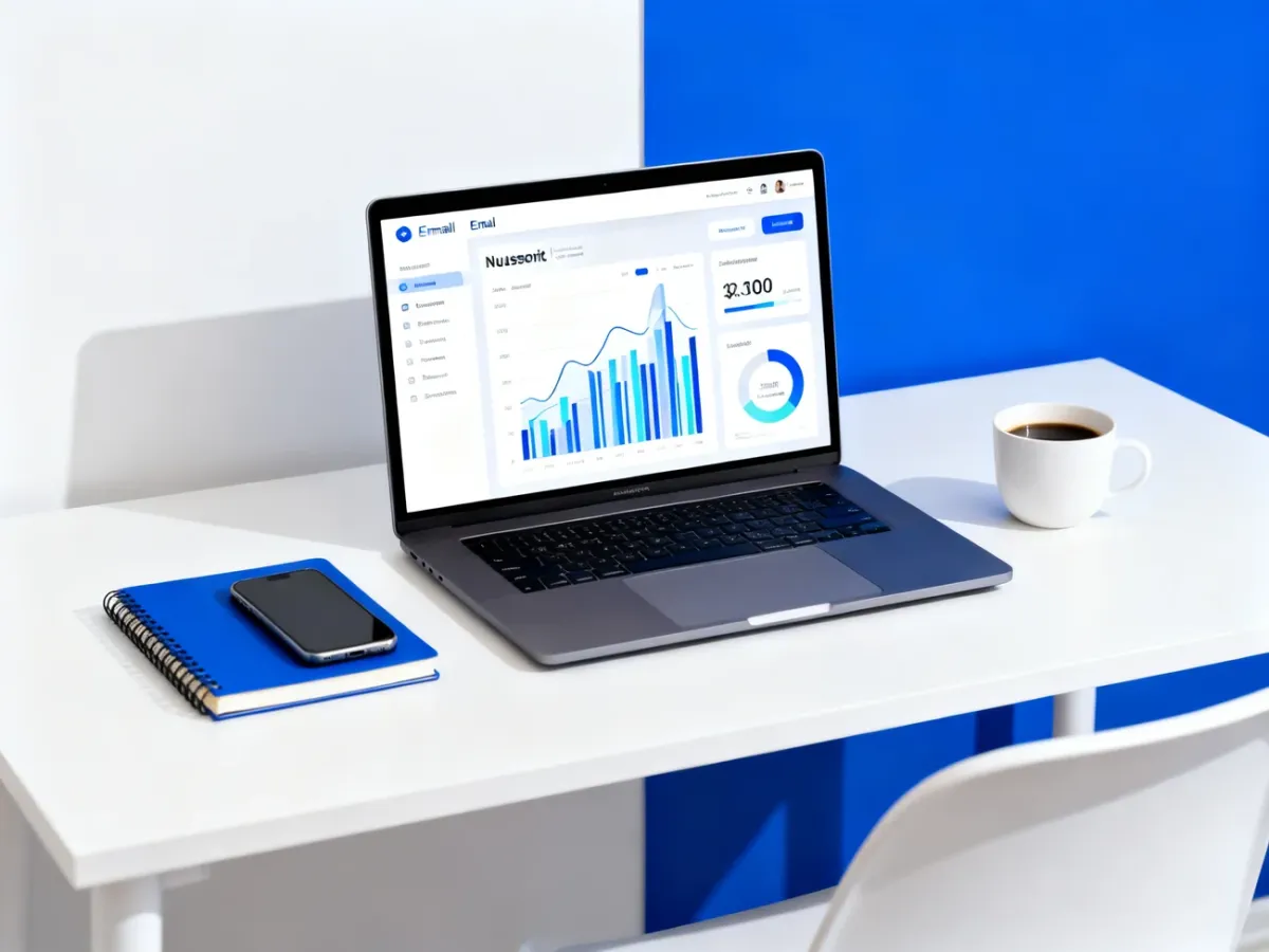 Laptop showing newsletter campaign analytics on a business desk