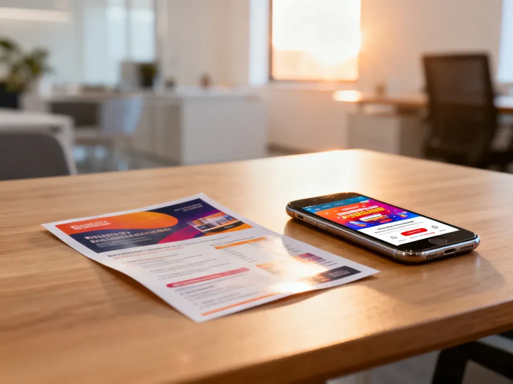 Porównanie tradycyjnej ulotki papierowej i cyfrowej reklamy na smartfonie na biurku w nowoczesnym biurze.