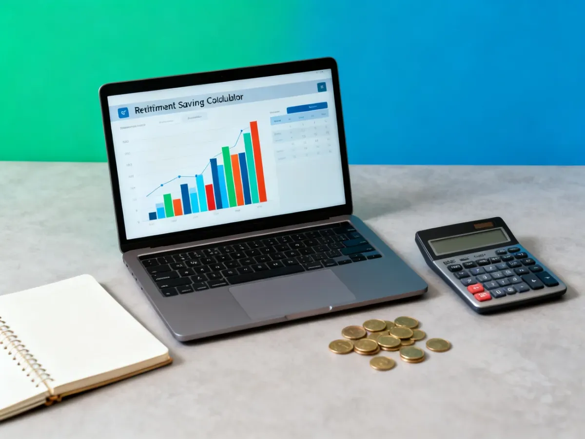 Laptop displaying an abstract retirement savings simulation beside financial planning tools