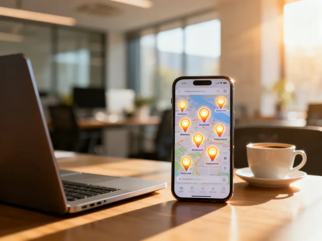 Smartfon z mapą i pinezkami lokalizacji firm na tle nowoczesnego biura, ilustrujący działanie wizytówek Google.
