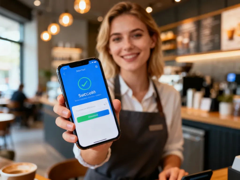 Kobieta trzymająca smartfon z ekranem potwierdzającym udaną płatność cyfrową w nowoczesnej kawiarni.