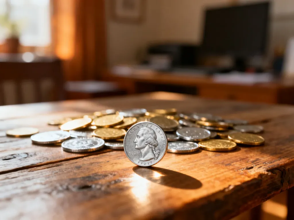 Różnorodne metalowe monety rozrzucone na drewnianym stole, symbolizujące gotówkę i obieg pieniądza.