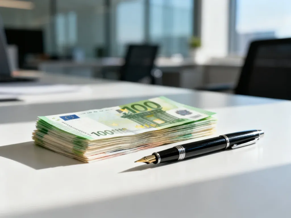 Stos pieniędzy euro i pióro wieczne na biurku, symbolizujące profesjonalne rozliczenia finansowe i wystawianie faktur.