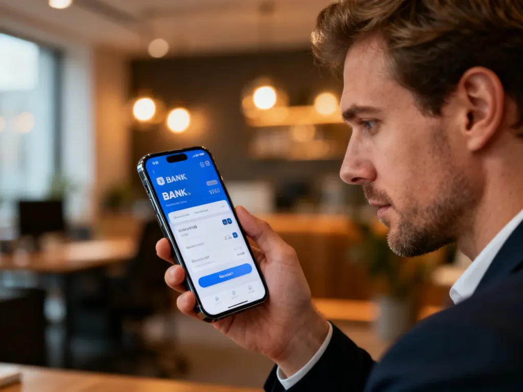 Mężczyzna korzystający z aplikacji bankowej na smartfonie w nowoczesnym biurze.
