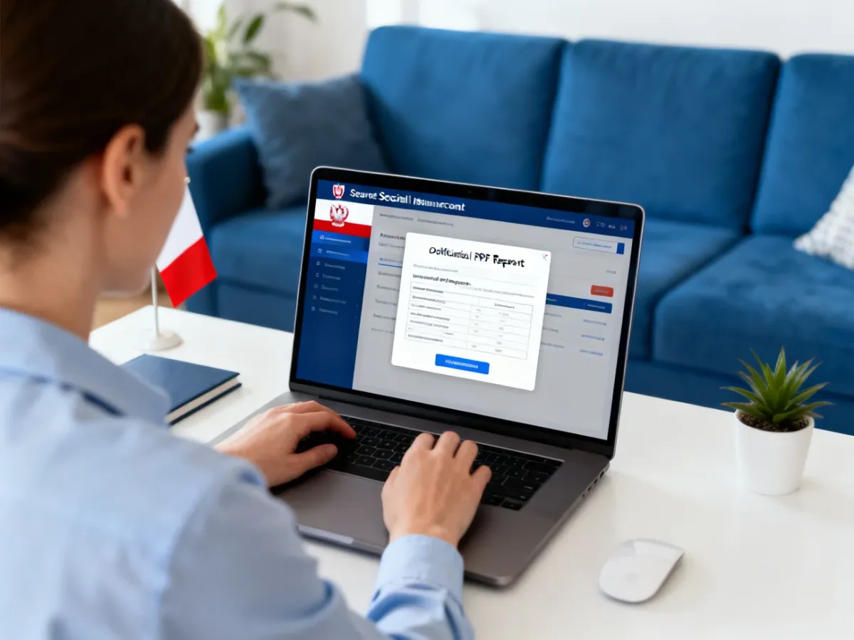 Osoba pobierająca roczny raport ubezpieczeniowy z portalu internetowego na laptopie