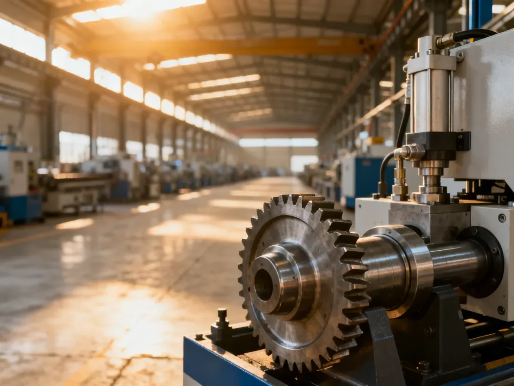 Nowoczesna maszyna przemysłowa z widocznymi detalami mechanicznymi w słonecznej hali produkcyjnej.