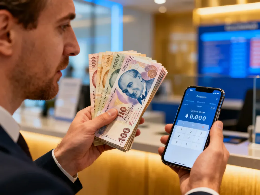 Mężczyzna trzymający plik lir tureckich oraz smartfon z aplikacją do przeliczania walut w nowoczesnym kantorze.
