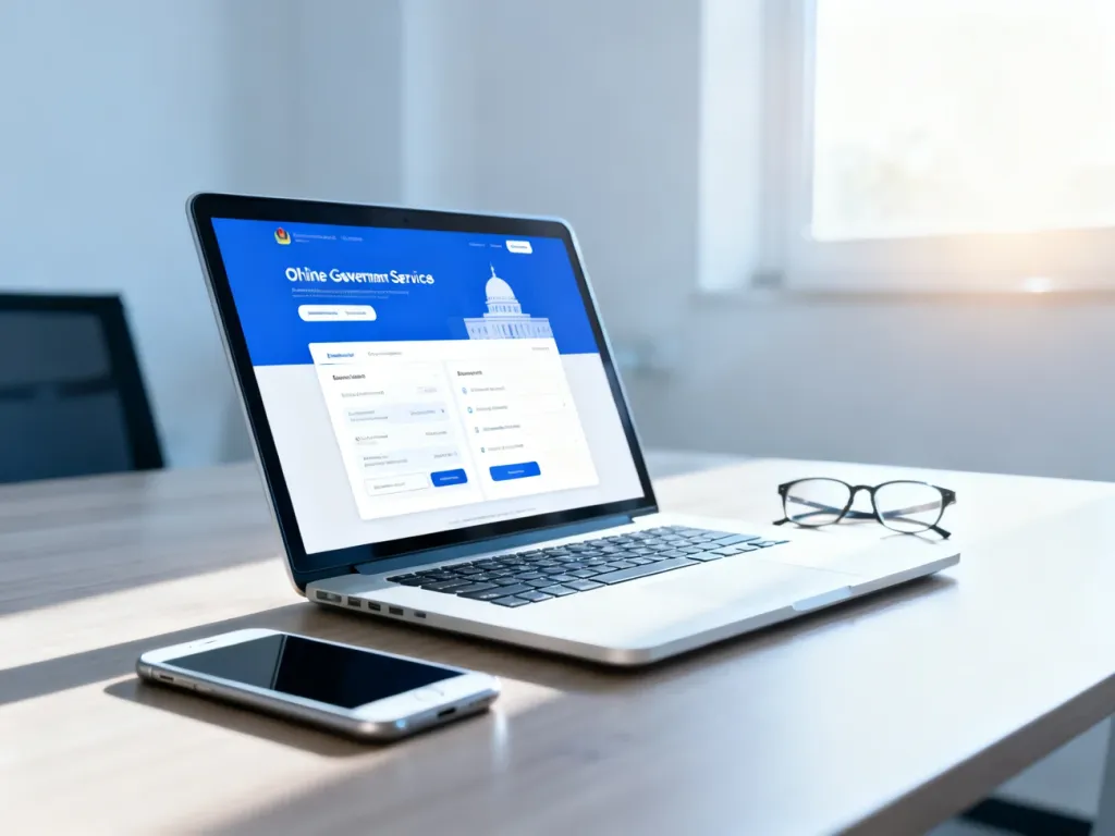 Nowoczesne stanowisko pracy z laptopem wyświetlającym portal usług elektronicznych ZUS oraz smartfonem na biurku.