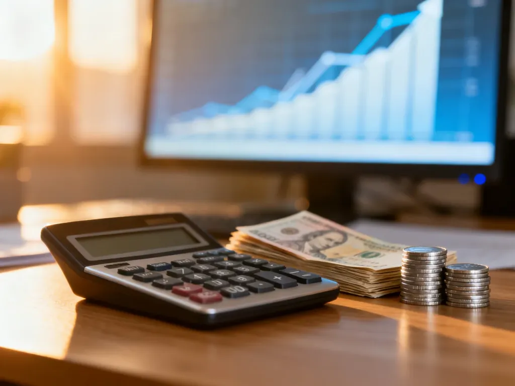 Kalkulator, gotówka i wykresy finansowe na ekranie komputera, symbolizujące obliczenia wynagrodzenia i finanse osobiste.