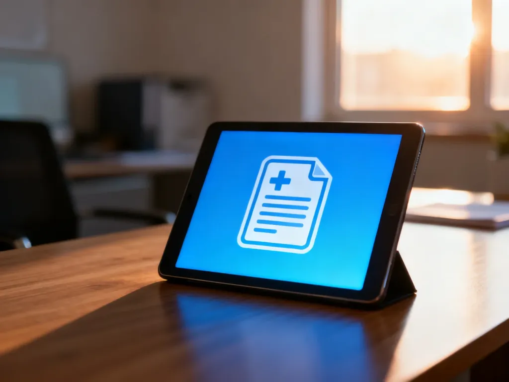 Tablet z ikoną dokumentu medycznego na biurku, symbolizujący elektroniczne zwolnienie lekarskie w systemie ZUS.