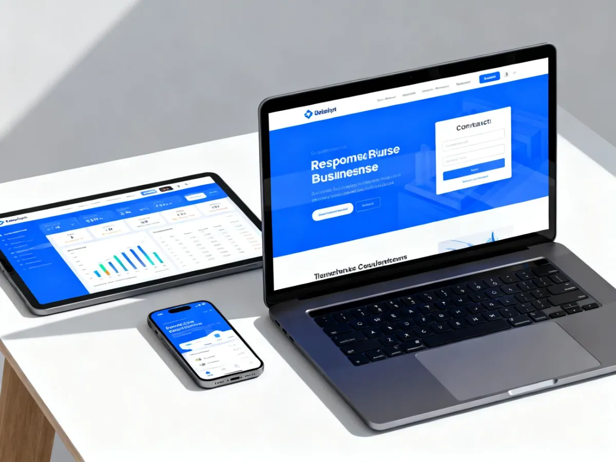 Responsywna strona firmowa wyświetlana na laptopie, tablecie i smartfonie