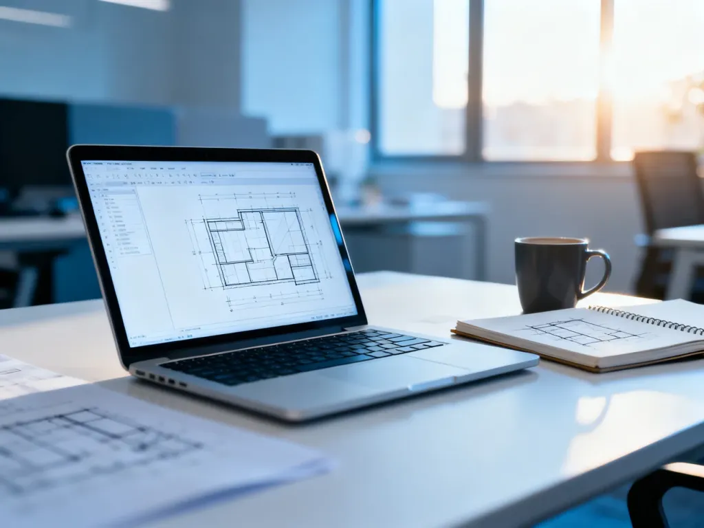 Nowoczesne stanowisko pracy z laptopem, na którym widać projekt strony internetowej oraz szkice architektoniczne.